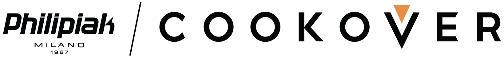 Logo z napisem \'Philipiak COOKOVER\', gdzie litera \'V\' jest w formie pomarańczowego trójkąta skierowanego w dół.