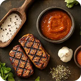 Na ciemnym tle znajduje się drewniana łyżka z solą i pieprzem, miseczka z sosem, dwa kawałki grillowanego mięsa z przypieczonym wzorem, ząbek czosnku oraz przyprawy i zioła.