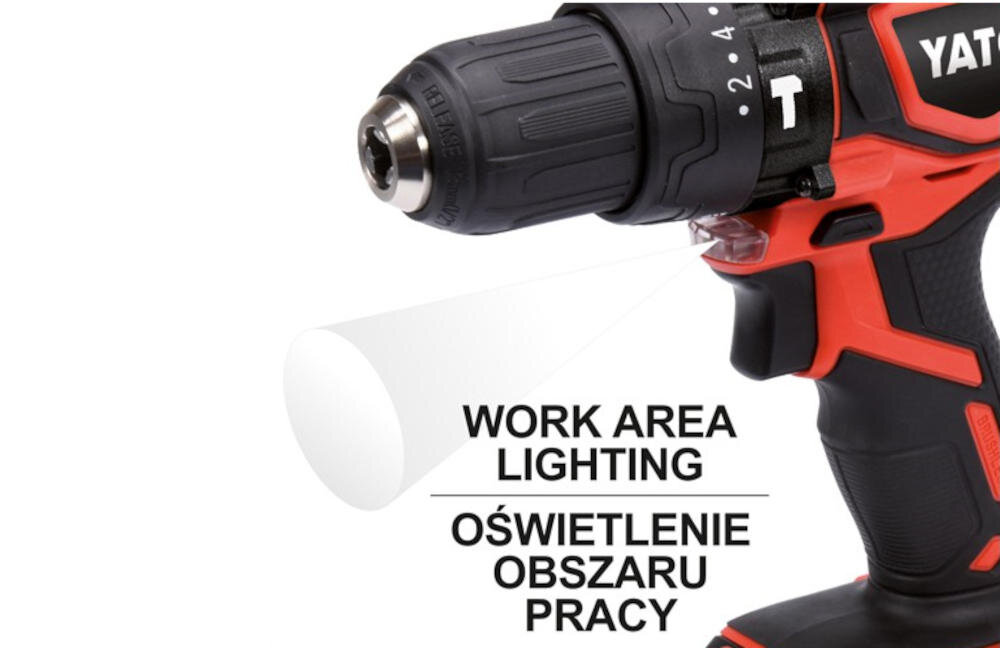 Na obrazie widoczna jest wiertarko-wkrętarka z logo YATO, z funkcją oświetlenia obszaru pracy. Obok narzędzia znajduje się tekst: \'WORK AREA LIGHTING OŚWIETLENIE OBSZARU PRACY\'.