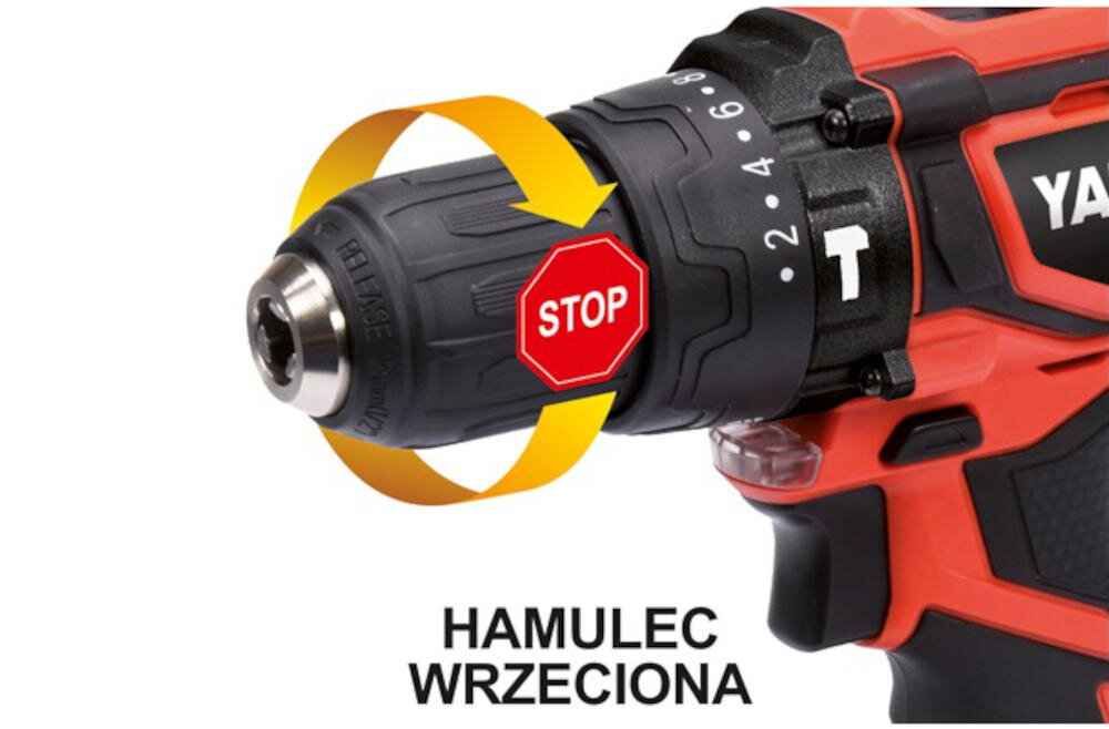 Na obrazie widoczna jest część wiertarko-wkrętarki z napisem \'YATO\' oraz oznaczeniem \'HAMULEC WRZECIONA\'. Na uchwycie znajduje się czerwony znak z napisem \'STOP\' i żółta strzałka wskazująca kierunek obrotu.