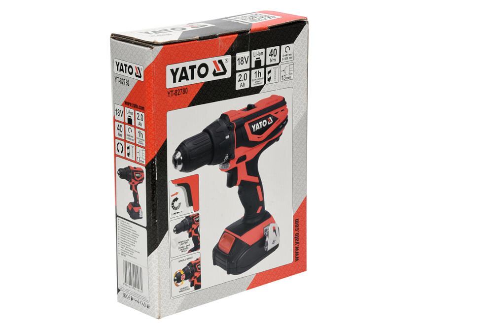 Opakowanie wiertarko-wkrętarki YATO YT-82780 z akumulatorem, z widocznym zdjęciem produktu i logo YATO. Na opakowaniu znajdują się specyfikacje: 18V, 2.0 Ah, 40 Nm, 1h ładowania.