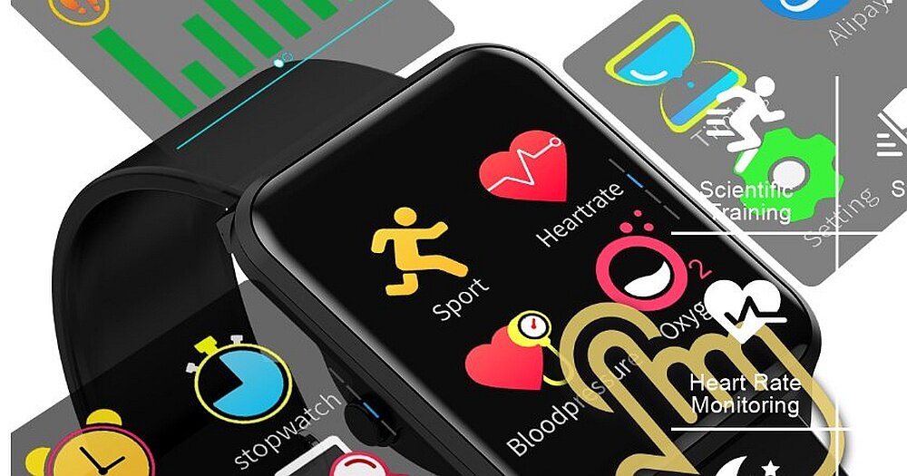 Smartwatch z czarnym paskiem wyświetla kolorowe ikony aplikacji, takie jak Sport, Heartrate, Bloodp, i Oxyg2. Widoczne są również napisy: \'Heart Rate Monitoring\' oraz \'Scientific Training\'.