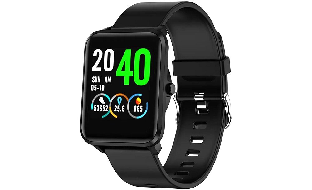 Czarny smartwatch z prostokątnym wyświetlaczem, na którym widoczna jest godzina 20:40, dzień tygodnia \'SUN\', data \'05-10\' oraz trzy ikony z liczbami: 53652, 25.6, 865.
