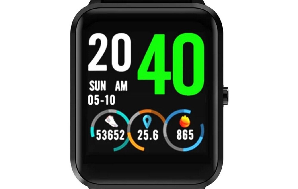 Smartwatch z czarnym paskiem wyświetla godzinę 20:40, datę 05-10, oraz dane: 53652 kroków, 25.6 km, 865 kalorii. Ekran pokazuje również dzień tygodnia \'SUN\' i \'AM\'.
