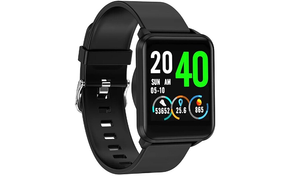 Czarny smartwatch z prostokątnym wyświetlaczem, na którym widoczne są duże cyfry 20 i 40 oraz dane: SUN AM, 05-10, 53652, 25.6, 865.