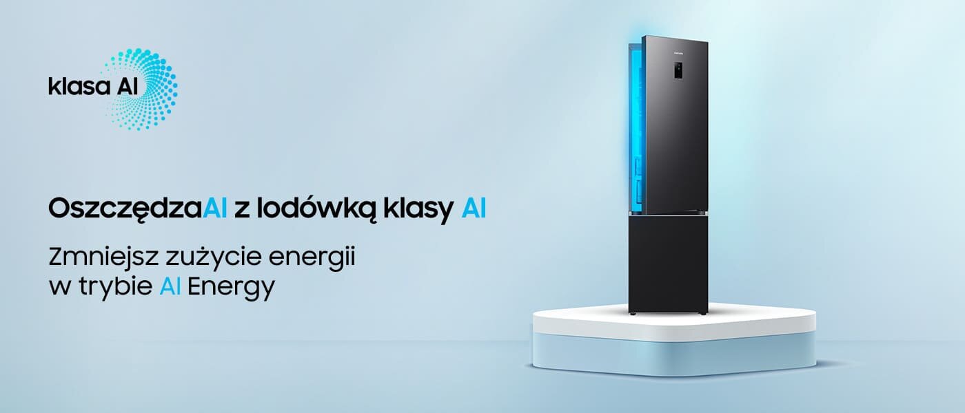 rb38c776cb1 ef Grafika przedstawia lodówkę na podwyższeniu, z niebieskim podświetleniem. Tekst na obrazie: \'klasa AI Oszczędzaj AI z lodówką klasy AI Zmniejsz zużycie energii w trybie AI Energy\'.