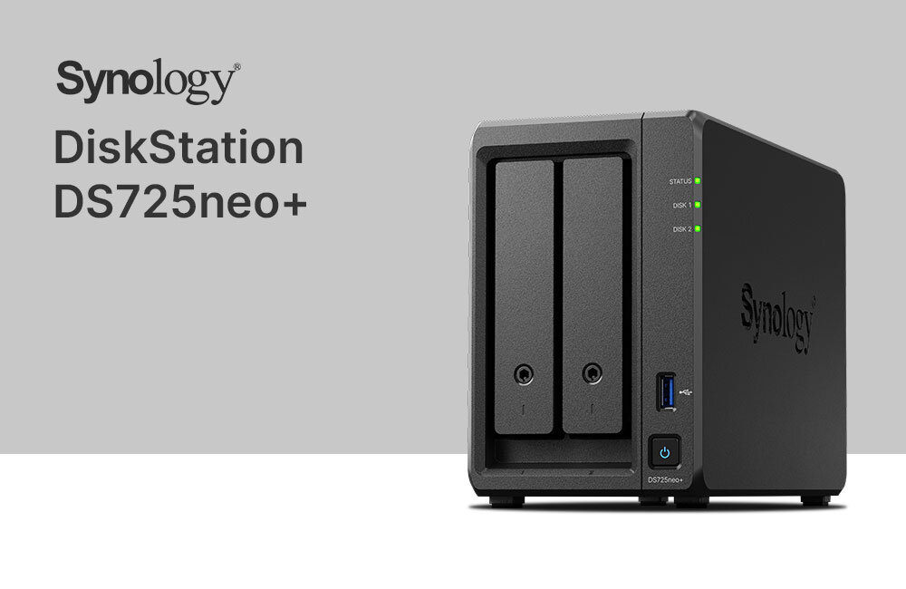 Synology DS725neo+ — dwuzatokowy serwer NAS na biurku na stanowisku pracy