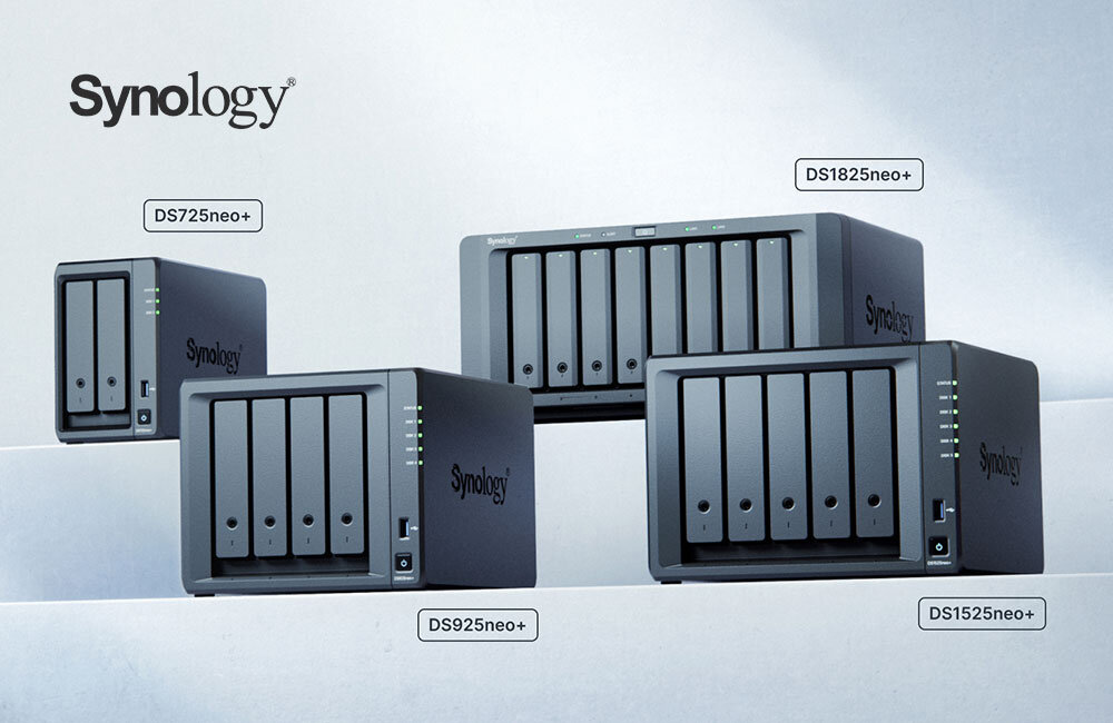 Synology DS725neo+ — serwer NAS z podłączoną opcjonalną jednostką rozszerzającą DX525