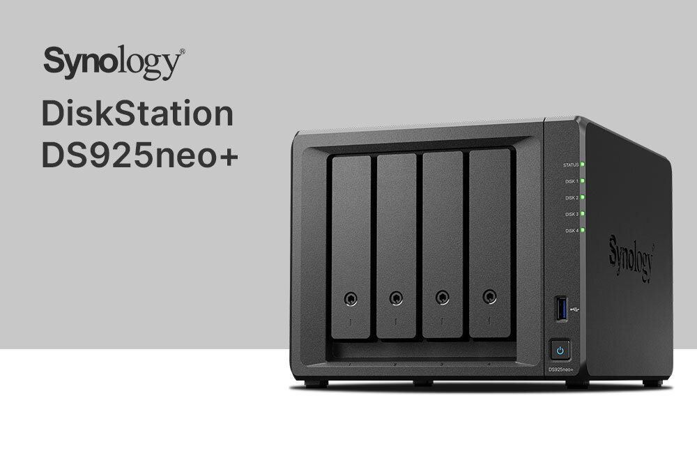 Synology DS925neo+ — czterozatokowy serwer NAS na biurku na stanowisku pracy