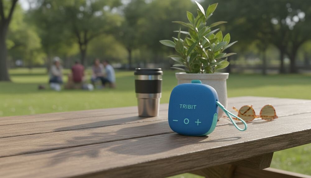 Głośnik mobilny TRIBIT StormBox Micro 3 BTS36, moc 13 W, technologia XBass, przetwornik 48 mm NdFeB i dwa radiatory pasywne, głośnik na stole w plenerze