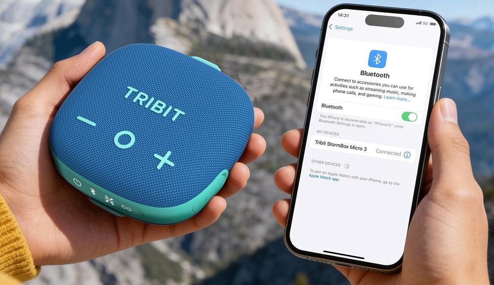 Głośnik mobilny TRIBIT StormBox Micro 3 BTS36, Bluetooth 6.0, kodeki AAC i SBC oraz zasięg połączenia do 45 metrów, smartfon i głośnik trzymane w rękach