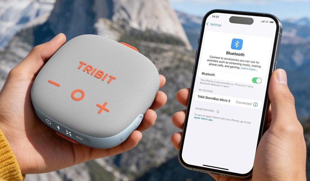 Głośnik mobilny TRIBIT StormBox Micro 3 BTS36, Bluetooth 6.0, kodeki AAC i SBC oraz zasięg połączenia do 45 metrów, smartfon i głośnik trzymane w rękach