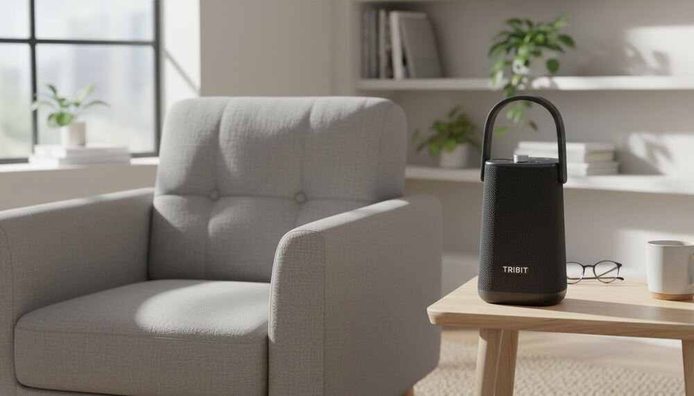 Głośnik mobilny TRIBIT StormBox Max BTS37, moc 60 W, stereofoniczny system audio i dźwięk 360 stopni, głośnik na stoliku w pomieszczeniu