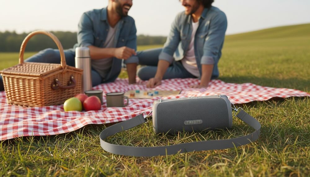 TRIBIT StormBox Lava BTS51 głośnik Bluetooth 80 W z czterema przetwornikami i stereofonicznym systemem dźwięku, głośnik stojący na trawie