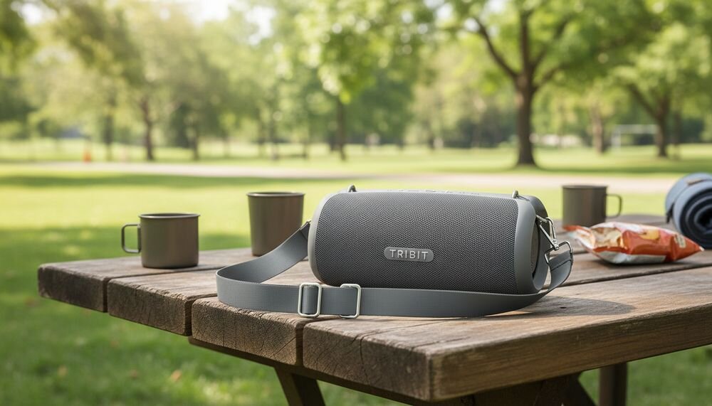 TRIBIT StormBox Lava BTS51 głośnik bezprzewodowy z Bluetooth 5.4, zasięgiem do 50 metrów oraz obsługą kodeków AAC i SBC, glośnik stojący na ławce w plenerze