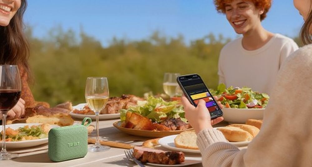 Głośnik mobilny TRIBIT PocketGo BTS68, aplikacja TRIBIT, korektor EQ i 6 gotowych trybów dźwięku, głośnik sotjący na stole w plenerze
