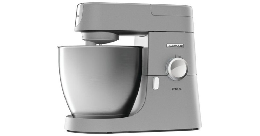 Srebrny robot kuchenny z dużą misą i pokrętłem regulacji. Na obudowie widoczne jest logo \'KENWOOD\' oraz napis \'CHEF XL\'.