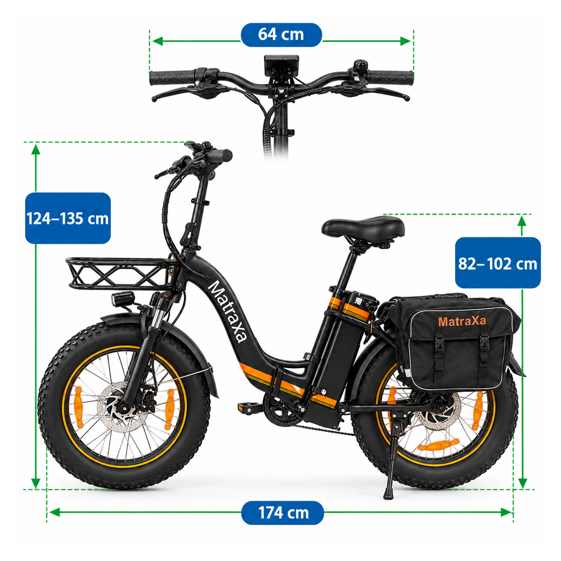 Czarny rower elektryczny z masywnymi kołami, oznaczony logo \'MatraXa\', z torbą na bagażniku. Wymiary: szerokość kierownicy 64 cm, wysokość ramy 124-135 cm, wysokość siodełka 82-102 cm, długość całkowita 174 cm.
