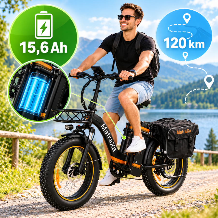 Osoba jedzie na czarnym rowerze elektrycznym z masywnymi kołami, na którym widnieje napis \'MatraXa\'. Obok roweru znajdują się grafiki z napisami \'15,6 Ah\' oraz \'120 km\'.