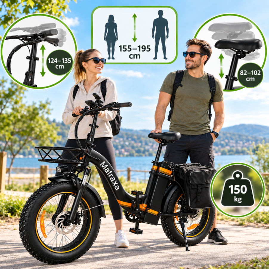 Dwie osoby stoją obok czarnego roweru elektrycznego z masywnymi kołami, na którym widnieje napis \'Matraxa\'. Obok roweru znajdują się grafiki z informacjami: wysokość kierownicy 124–135 cm, wysokość siodełka 82–102 cm, wzrost użytkownika 155–195 cm oraz maksymalne obciążenie 150 kg.