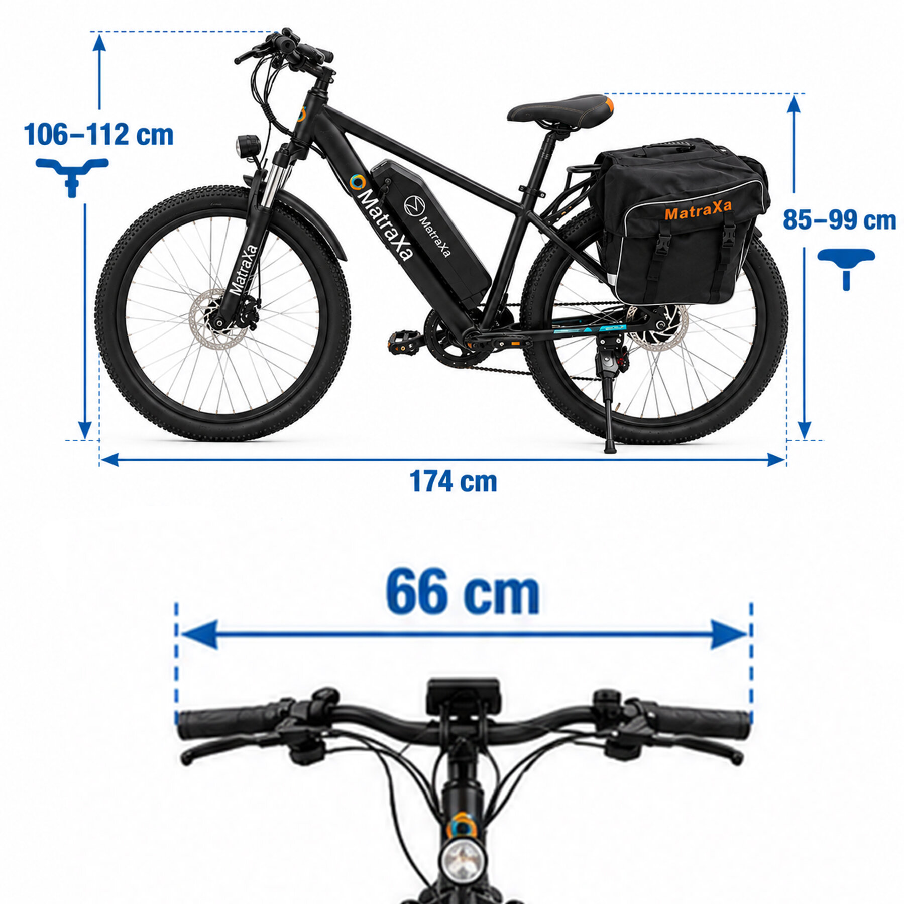 Czarny rower elektryczny z logo \'MatraXa\' na ramie, wyposażony w sakwy na bagażniku. Wymiary: wysokość kierownicy 106-112 cm, długość 174 cm, wysokość siodełka 85-99 cm, szerokość kierownicy 66 cm.