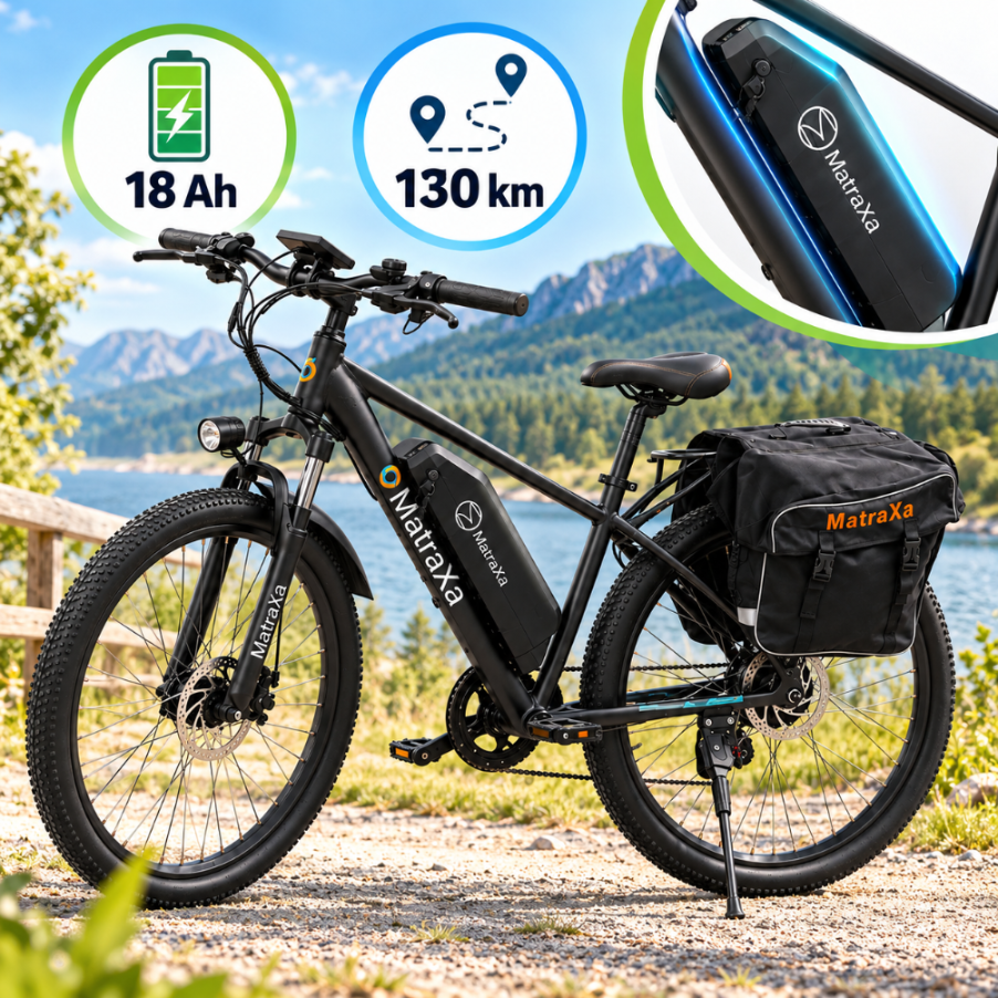 Czarny rower elektryczny z logo \'MatraXa\' stoi na tle malowniczego krajobrazu z górami i jeziorem. Na obrazie widoczne są także ikony z informacjami: bateria 18 Ah i zasięg 130 km.