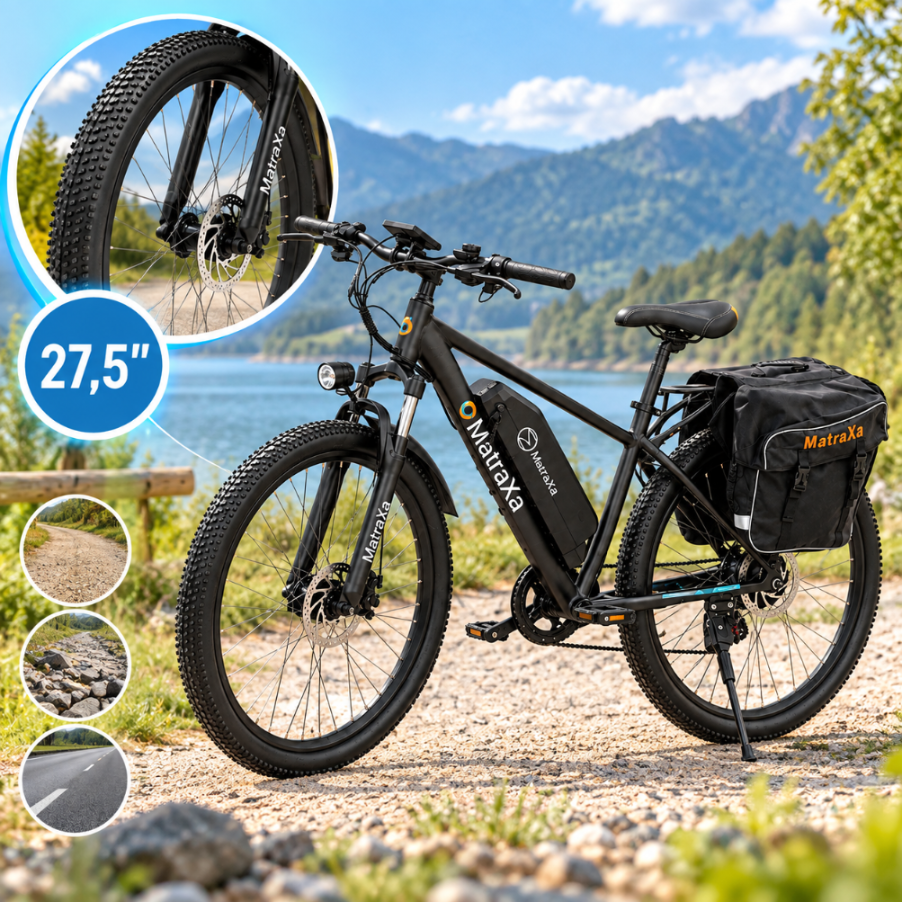 Czarny rower elektryczny z logo \'MatraXa\' stoi na żwirowej ścieżce nad jeziorem, z górami w tle. Na obrazie widoczne są detale roweru, w tym koła o rozmiarze 27,5 cala oraz torba z logo \'MatraXa\'.