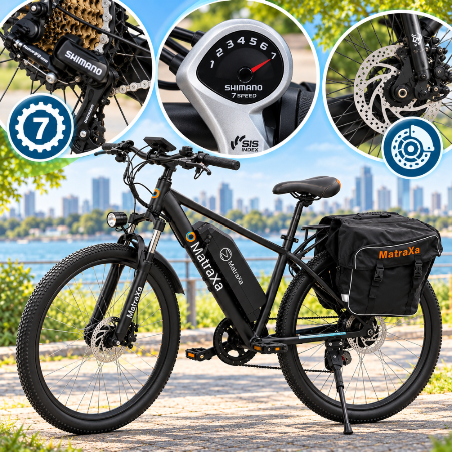 Czarny rower elektryczny z logo MatraXa, wyposażony w przerzutki Shimano 7-speed i hamulce tarczowe. W tle widoczna jest panorama miasta nad wodą.