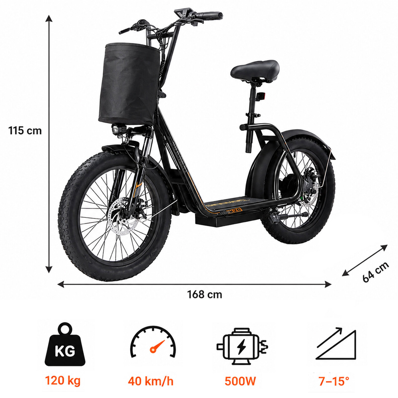Na obrazie widoczny jest czarny skuter elektryczny z dużymi oponami, wyposażony w siedzenie i koszyk z przodu. Obok skutera znajdują się ikony z informacjami: 120 kg, 40 km/h, 500W, 7–15° oraz wymiary 115 cm, 168 cm, 64 cm.
