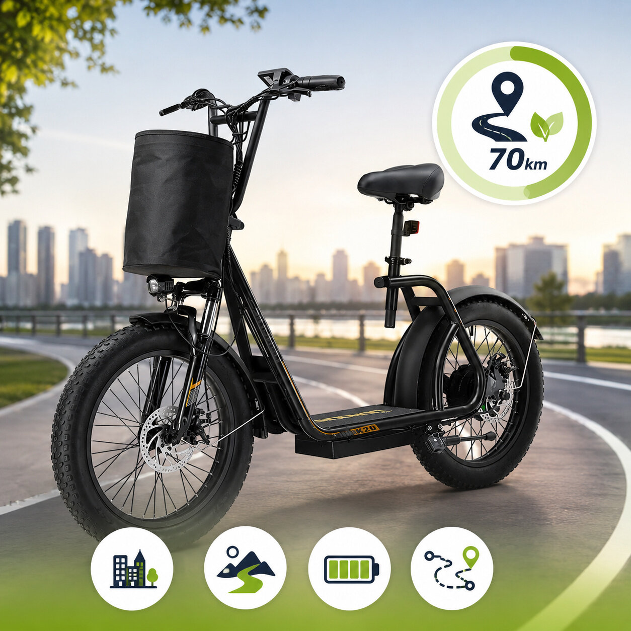 Czarny skuter elektryczny z dużymi oponami stoi na ścieżce w parku, w tle widoczne są wieżowce. Na obrazie znajduje się ikona z napisem \'70 km\' oraz cztery symbole przedstawiające miasto, góry, baterię i trasę.