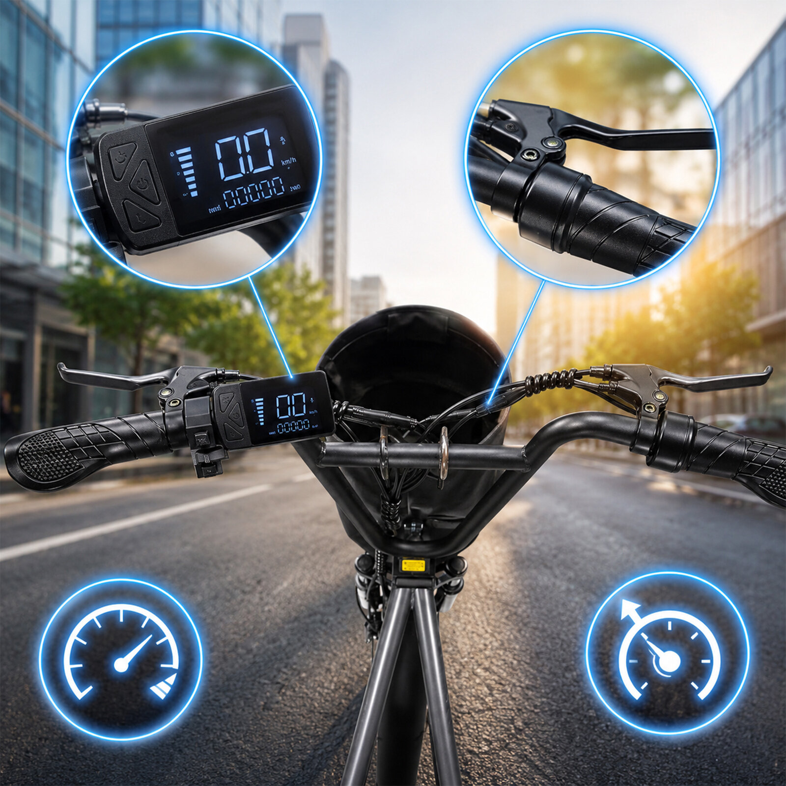 Obraz przedstawia kierownicę elektrycznego skutera z wyświetlaczem pokazującym prędkość 0 km/h i przebieg 00000 km. W tle widoczna jest ulica z budynkami po obu stronach.