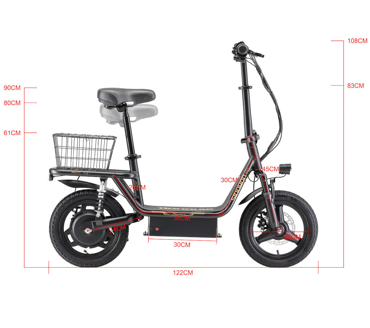 Obraz przedstawia czarny skuter elektryczny z siodełkiem i koszykiem z tyłu. Na obrazie widoczne są wymiary skutera: wysokość 108CM, długość 122CM, oraz różne inne wymiary poszczególnych części skutera.