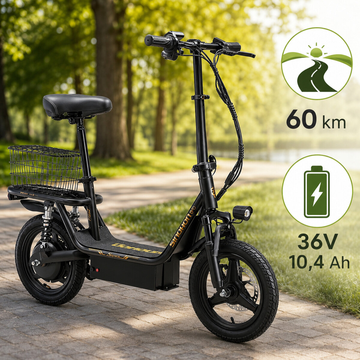 Czarny skuter elektryczny z koszykiem na bagażniku stoi na ścieżce w parku. Obok widoczne są ikony z informacjami: zasięg 60 km oraz bateria 36V 10,4 Ah.