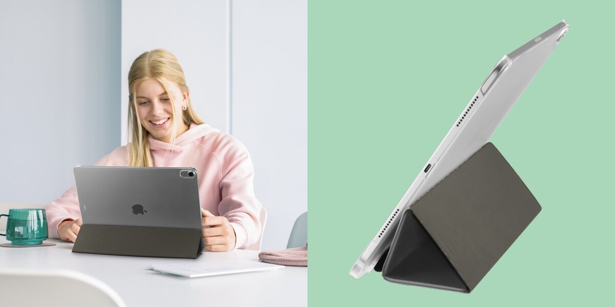Po lewej stronie osoba używa tabletu w etui, siedząc przy stole z zielonym kubkiem. Po prawej stronie tablet w etui ustawiony jest w pozycji stojącej na zielonym tle.