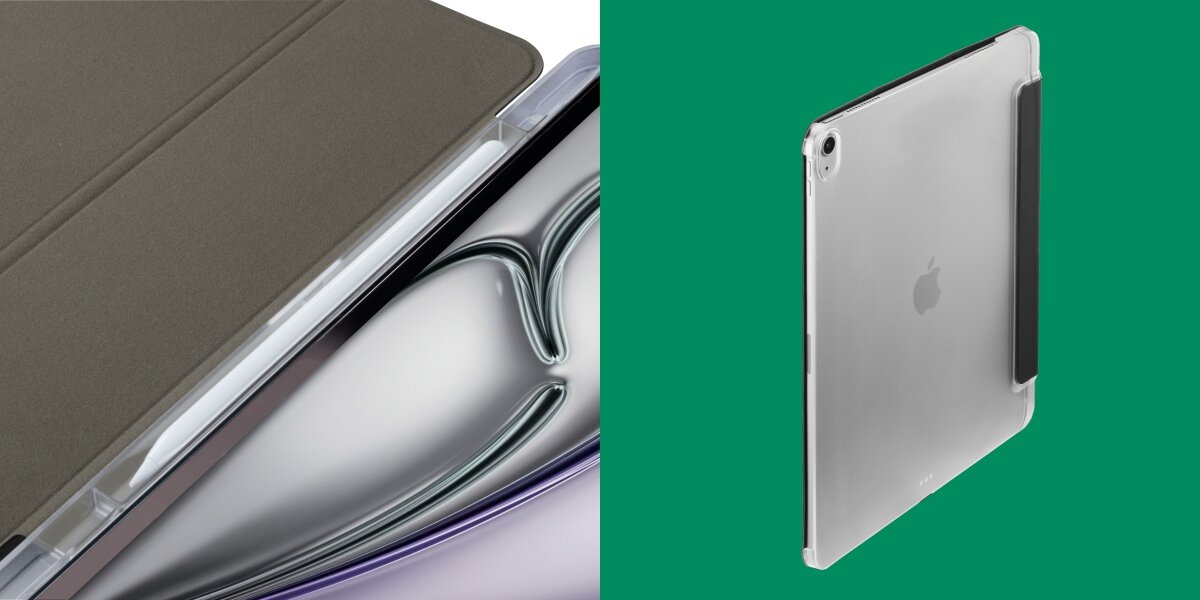 Obraz przedstawia czarne etui na tablet z miejscem na rysik, widoczne z dwóch perspektyw: z bliska na złożone etui oraz z tyłu na zamontowanym tablecie. Tło jest zielone, a na tablecie widoczne jest logo producenta w formie jabłka.