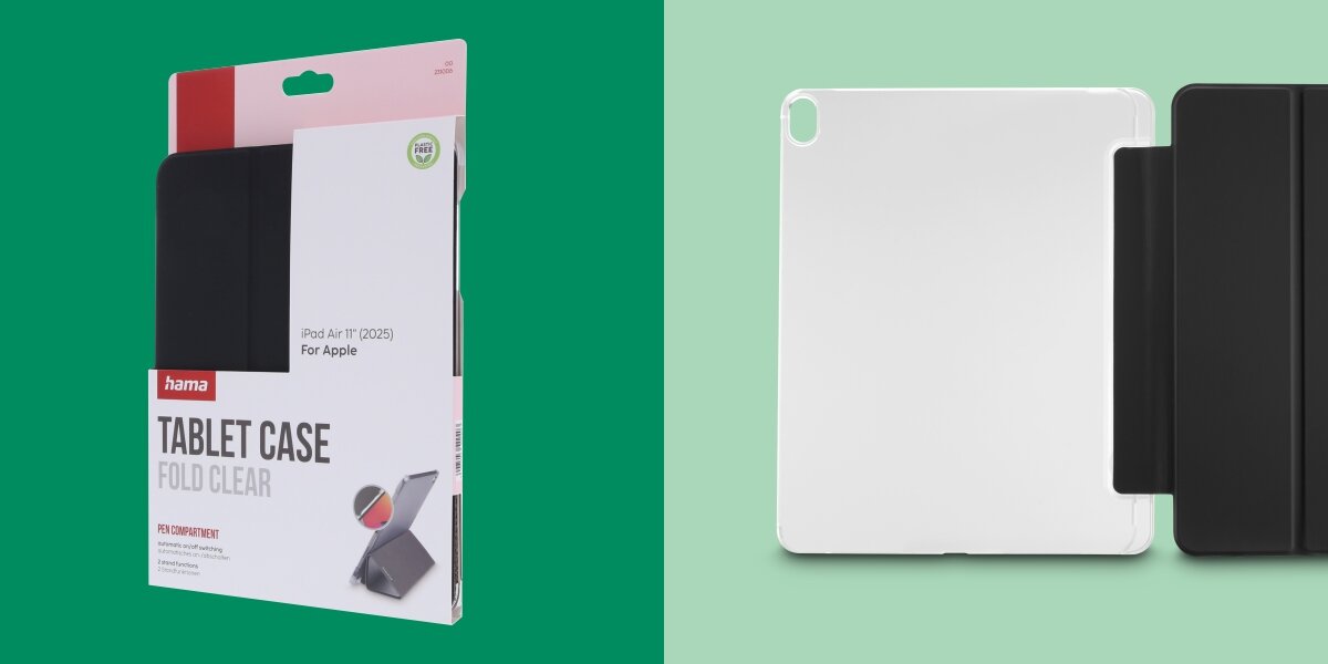 Po lewej stronie opakowanie z napisem \'hama TABLET CASE FOLD CLEAR\', a po prawej czarne etui na tablet z miejscem na rysik.