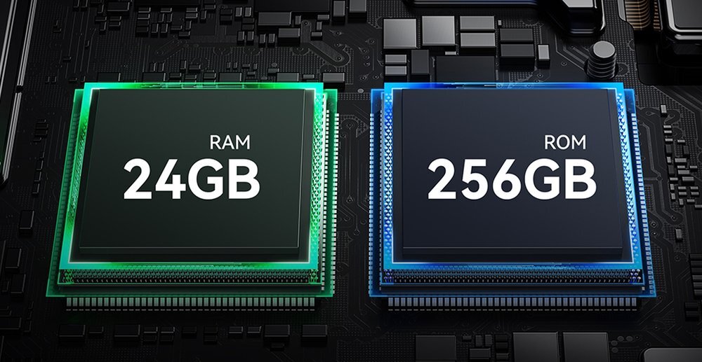 Obraz przedstawia dwa układy scalone na płycie głównej. Na lewym układzie widnieje napis \'RAM 24GB\', a na prawym \'ROM 256GB\'.