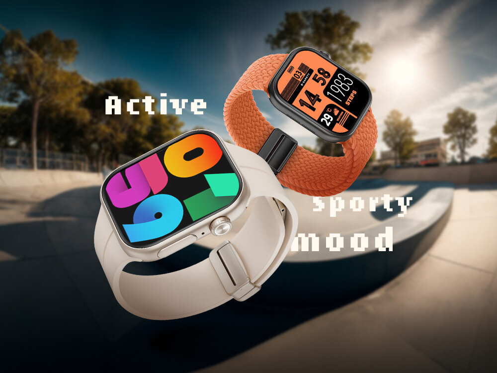 Na obrazie widoczne są dwa smartwatche na tle skateparku, jeden z kolorowym wyświetlaczem, drugi z pomarańczowym paskiem i wyświetlaczem z danymi. Tekst na obrazie: \'Active sporty mood\'.