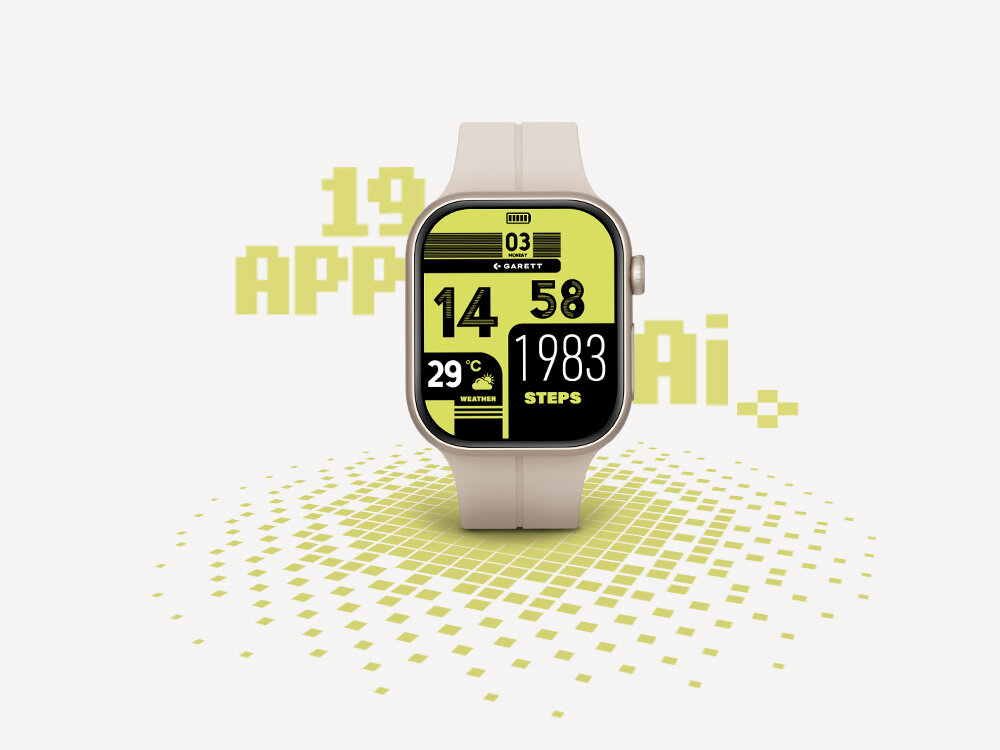 Smartwatch z jasnym wyświetlaczem pokazuje godzinę 14:58, temperaturę 29°C i liczbę kroków 1983. Na ekranie widoczne są także napisy: \'GARETT\', \'WEATHER\', \'STEPS\'.