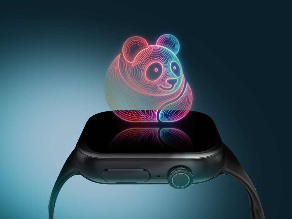 Czarny smartwatch z wyświetlaczem, na którym widoczna jest kolorowa, holograficzna grafika przedstawiająca pandę. Tło jest ciemne, co podkreśla efekt hologramu.