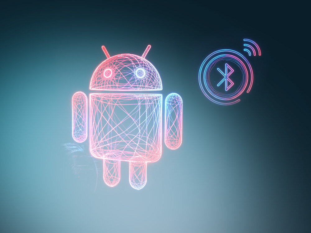 Grafika przedstawia neonowy kontur robota z systemu Android obok symbolu Bluetooth na ciemnym tle.