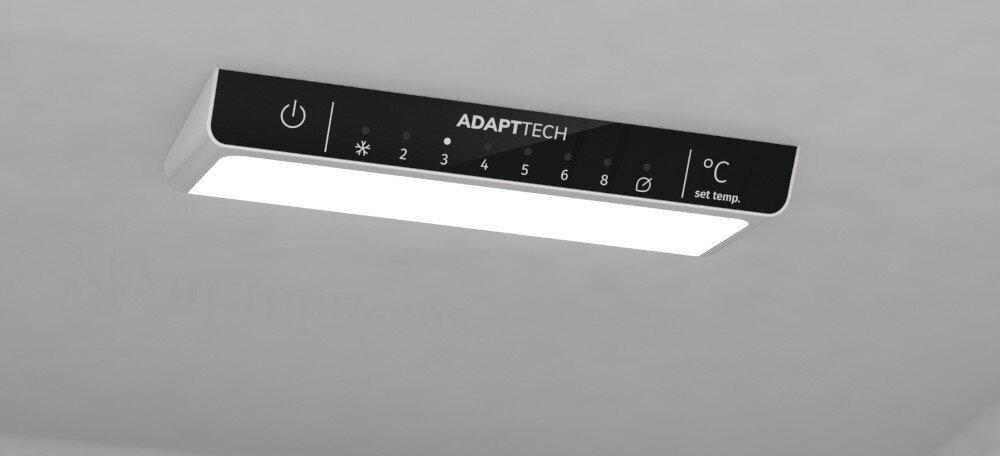 Panel sterowania z napisem \'ADAPTTECH\', przyciskiem zasilania, ikoną śnieżynki oraz oznaczeniami liczbowymi od 1 do 8. Widoczny jest także symbol stopni Celsjusza i napis \'set temp.\'.