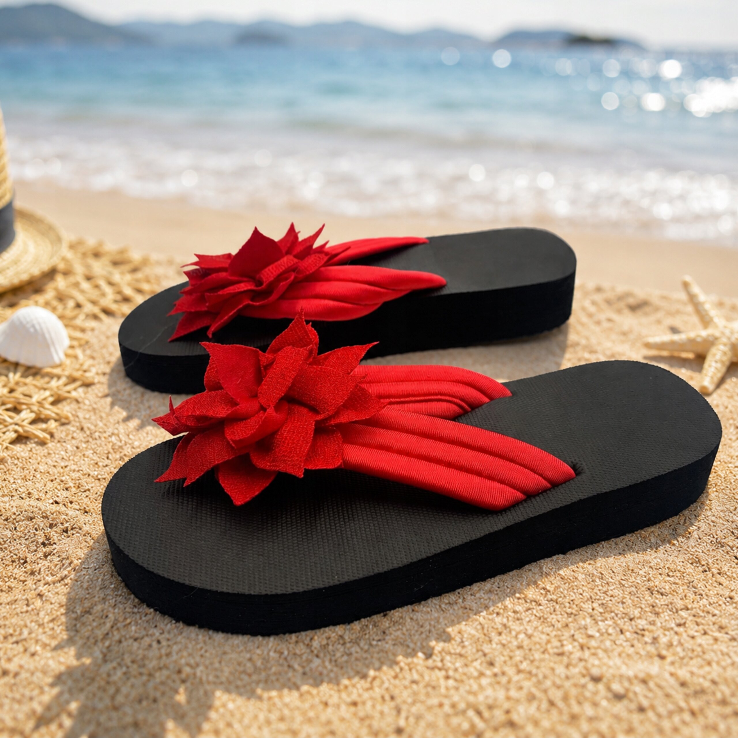 Czarne klapki plażowe z czerwonym kwiatowym zdobieniem leżą na piasku. W tle widać morze i muszlę.