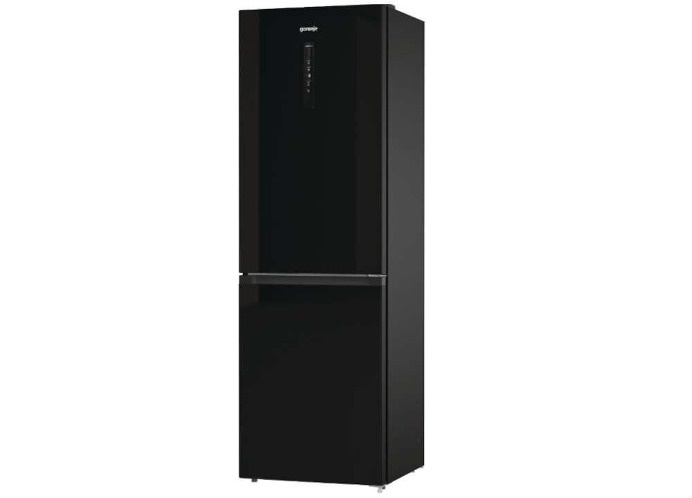 Czarna lodówka z dwoma drzwiami, górna część z panelem sterowania i logo \'gorenje\'.