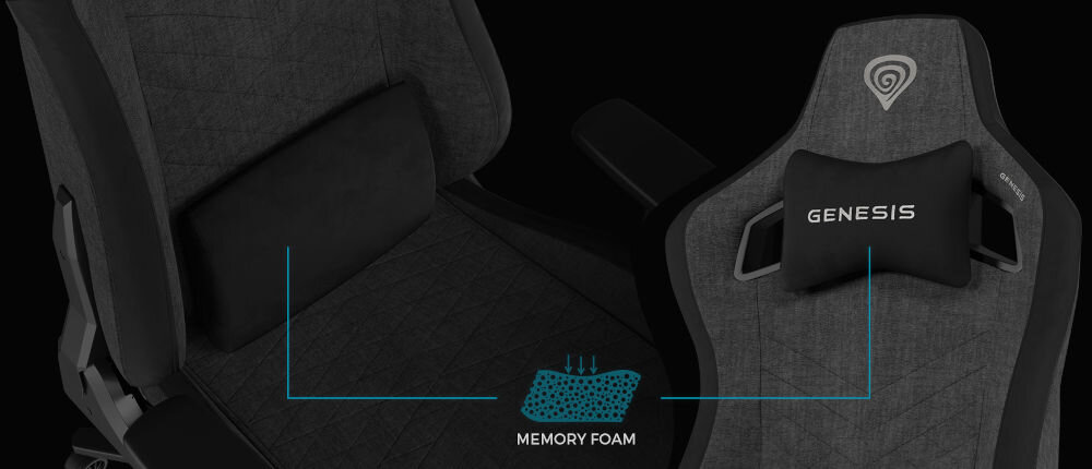 Obraz przedstawia szary fotel gamingowy z poduszką lędźwiową i zagłówkiem z napisem \'GENESIS\'. Widoczne jest logo producenta oraz grafika z napisem \'MEMORY FOAM\'.