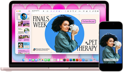 Na obrazie widoczny jest laptop z otwartym ekranem, na którym wyświetlana jest strona z napisem \'FINALS WEEK\' i \'PET THERAPY\'. Obok laptopa znajduje się smartfon z tym samym obrazem na ekranie.