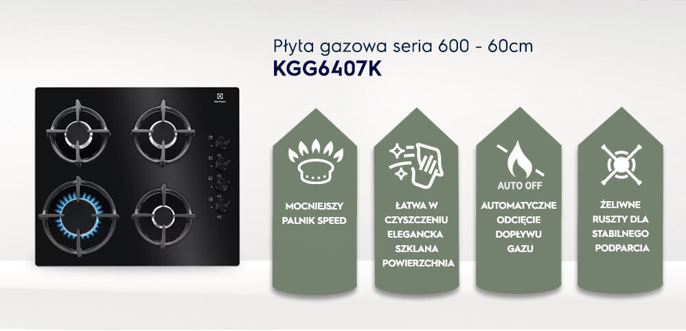 Obraz przedstawia płytę gazową z czterema palnikami i pokrętłami z boku. Obok znajdują się ikony z napisami: \'MOCNIEJSZY PALNIK SPEED\', \'ŁATWA W CZYSZCZENIU ELEGANCKA SZKLANA POWIERZCHNIA\', \'AUTO OFF AUTOMATYCZNE ODCIĘCIE DOPŁYWU GAZU\', \'ŻELIWNE RUSZTY DLA STABILNEGO PODPARCIA\'.