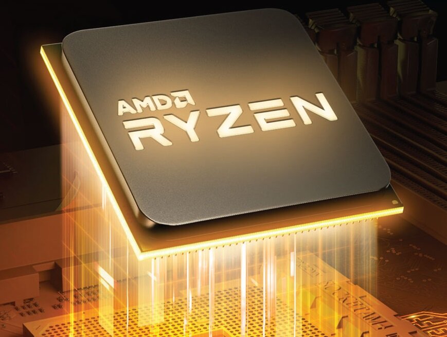 Obraz przedstawia procesor z widocznym napisem \'AMD RYZEN\', unoszący się nad płytą główną z efektami świetlnymi.
