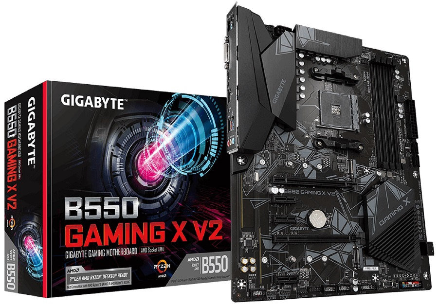 Obraz przedstawia pudełko i płytę główną GIGABYTE B550 Gaming X V2. Na pudełku widnieje napis: \'GIGABYTE B550 GAMING X V2 AMD Socket AM4\'.