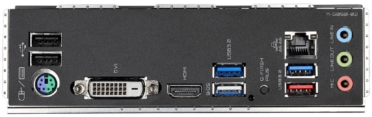 Panel tylny płyty głównej z różnymi portami, w tym USB, HDMI, DVI, PS/2 oraz złączami audio oznaczonymi jako MIC, LINE OUT, LINE IN.